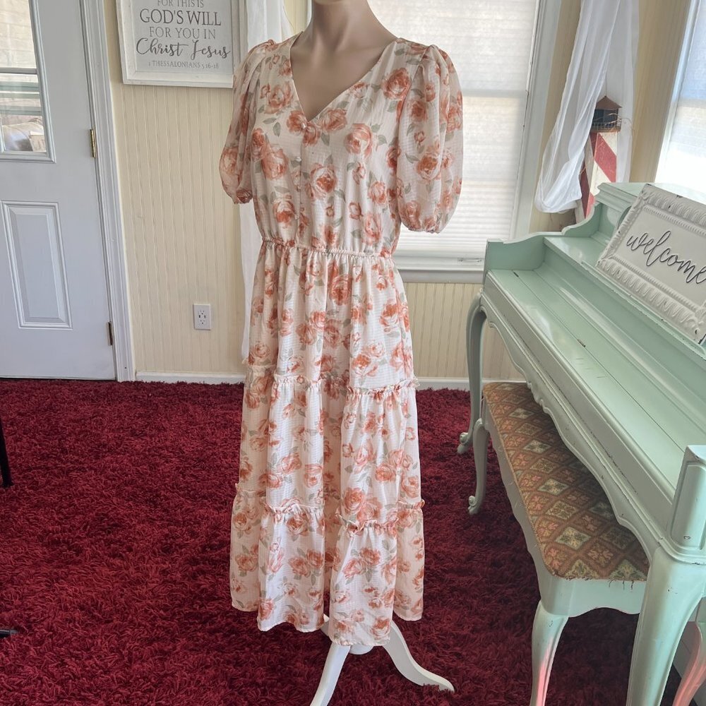 Bohemian Dusty Orange Floral Midi Dress Sz S by Blu Pepper - Picture 12 of 15